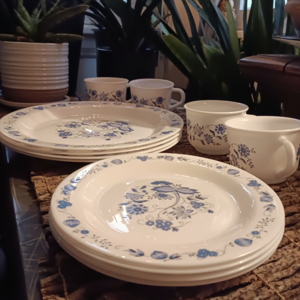 Vintage 12 piece lot Arcopal France Blue Onion Milk Glass Price Firm